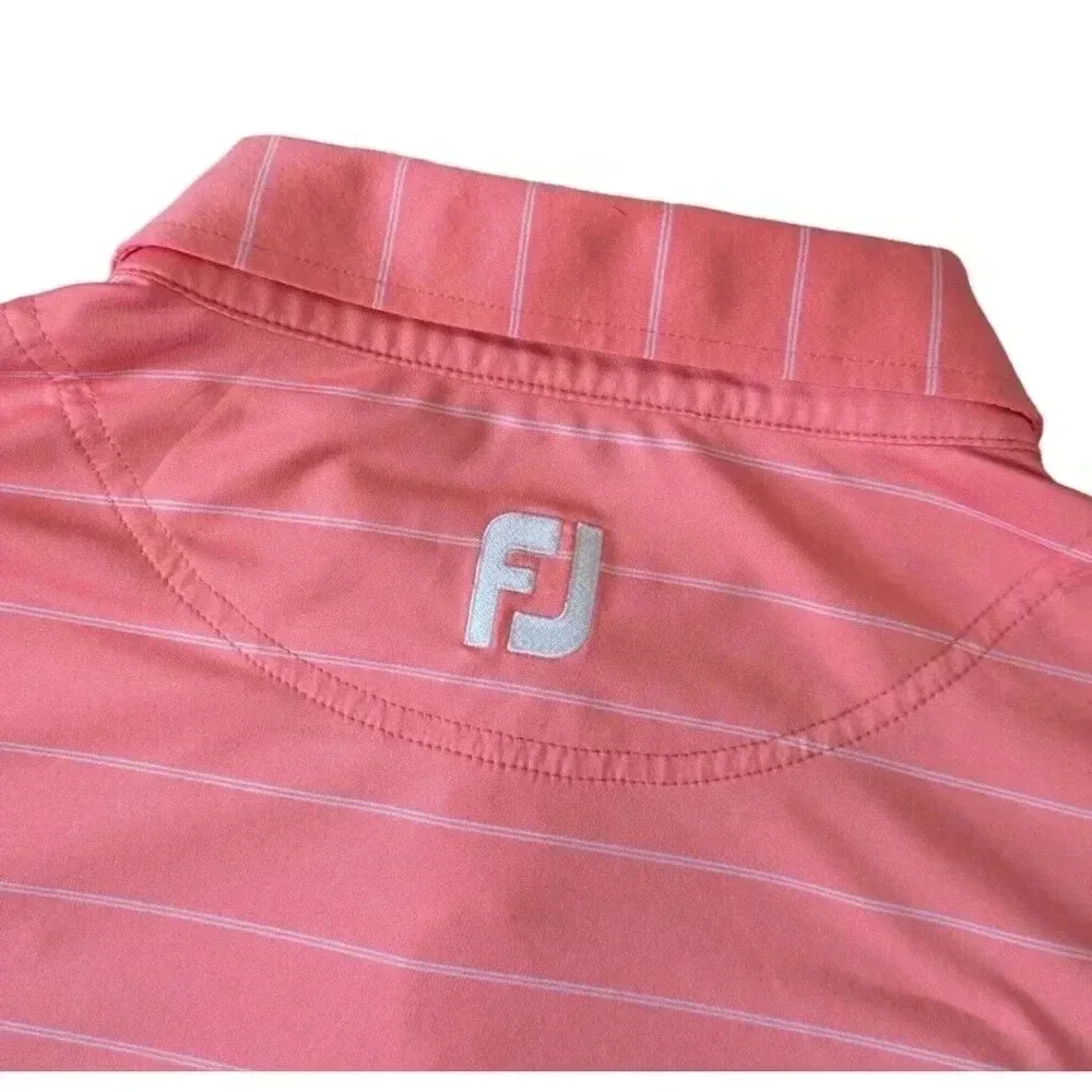Footjoy Bright Coral Pink White Striped Polo Short Sleeve Shirt Large Wicking